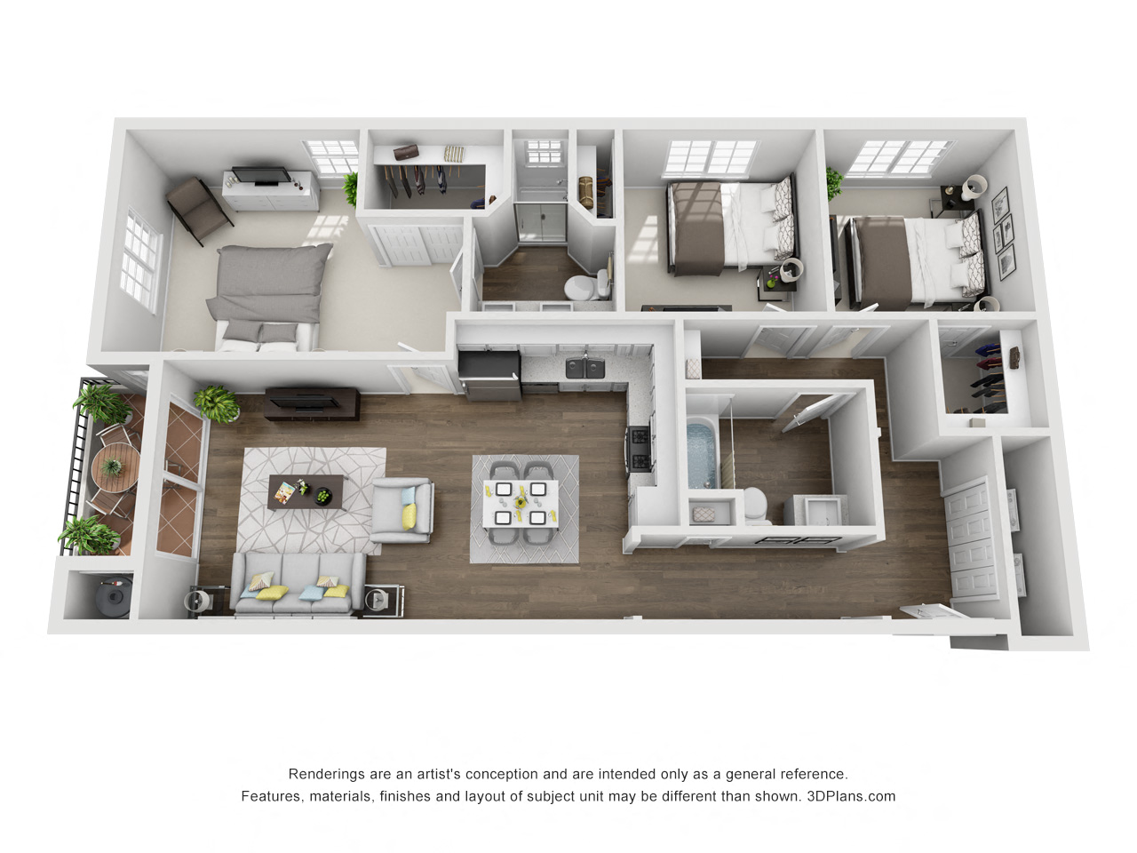 Floor plan for 3 beds, 2 baths, 1110 sqft